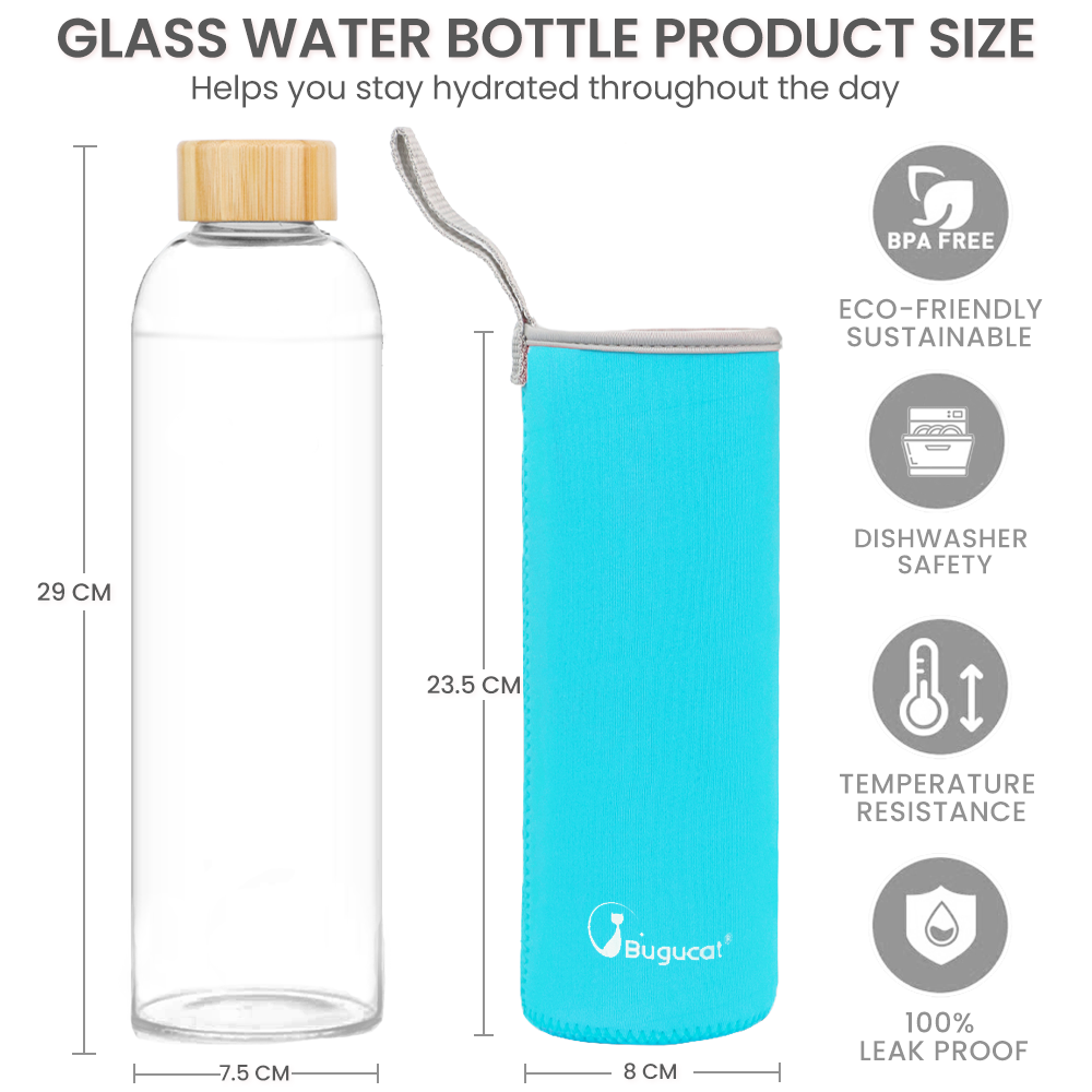 Bugucat Wasserflaschen aus Borosilikatglas, 1000 ml, wiederverwendbare Trinkflasche mit Bambusdeckel und Schutzhüllen, Saftgetränkebehälter, BPA-frei, auslaufsicher, für Schule, Sport, Yoga, Fitnessstudio, heiße kalte Getränke