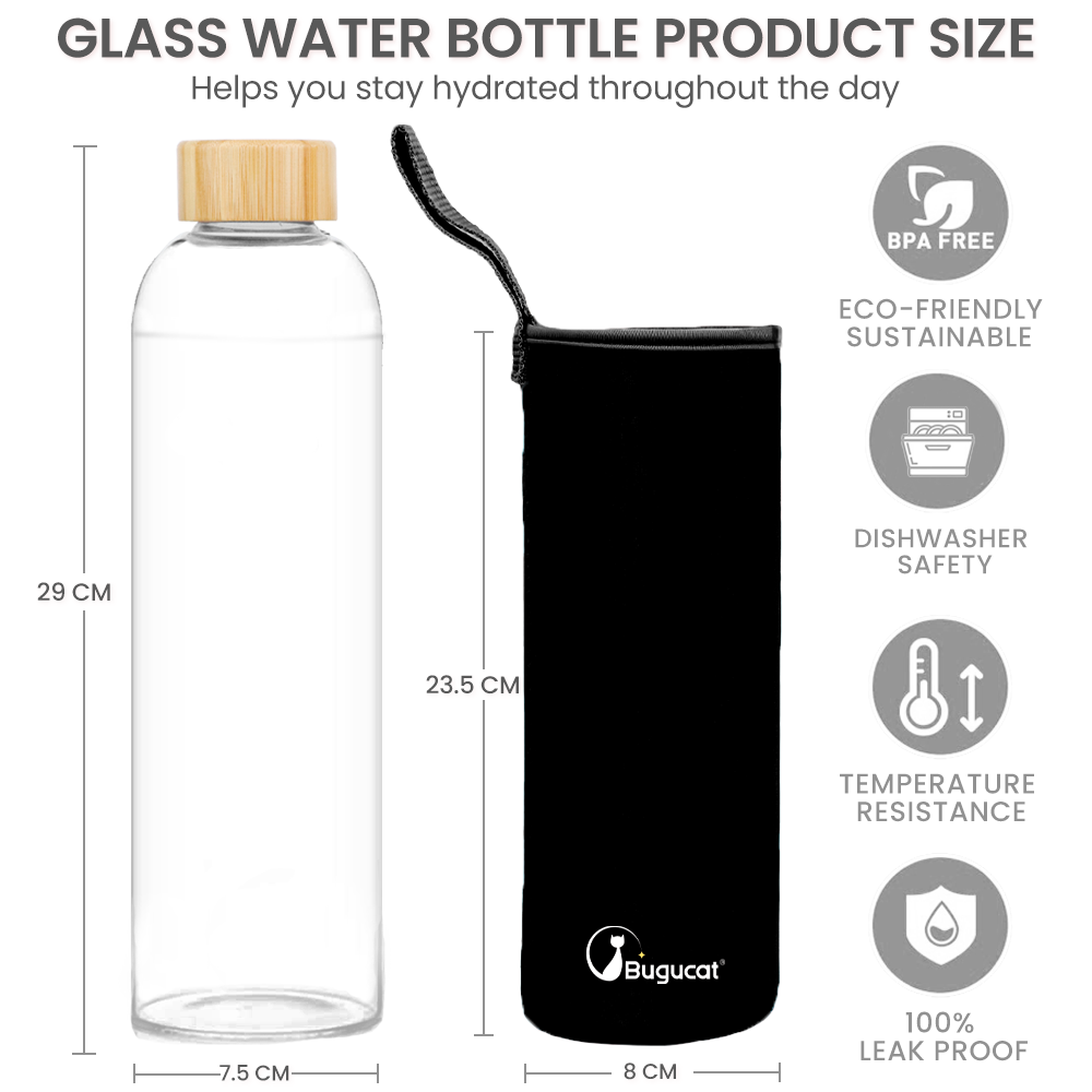 Bugucat Wasserflaschen aus Borosilikatglas, 1000 ml, wiederverwendbare Trinkflasche mit Bambusdeckel und Schutzhüllen, Saftgetränkebehälter, BPA-frei, auslaufsicher, für Schule, Sport, Yoga, Fitnessstudio, heiße kalte Getränke