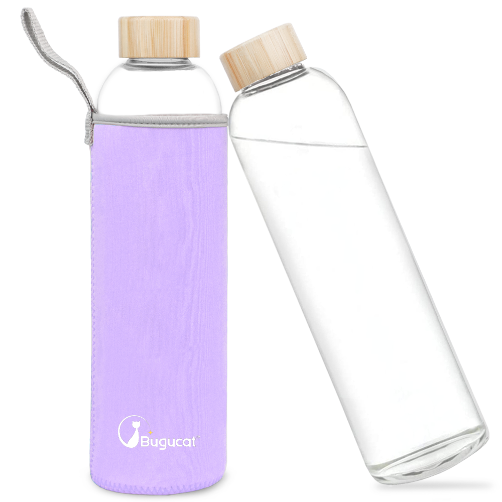 Botella de vidrio Bugucat 1000 ML, botella de vidrio para beber con tapa de bambú y funda protectora, botella de agua a prueba de fugas de vidrio de borosilicato, jarra para batidos, jugos, agua y bebidas, sin BPA