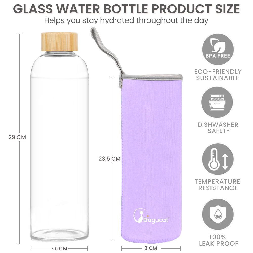 Bouteille en verre Bugucat 1000 ML, gourde en verre avec couvercle en bambou et housse de protection, bouteille d'eau étanche en verre borosilicaté, carafe pour smoothies, jus, eau et boissons, sans BPA