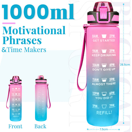 Bugucat Water Bottle 1L, Drinks Bottle with Straw and Time Markings, Leak Proof Sport Jug Reusable, BPA Free Tritan Water Storage Container for Gym Outdoor Cycling Fitness Outdoor, 1 Click Open