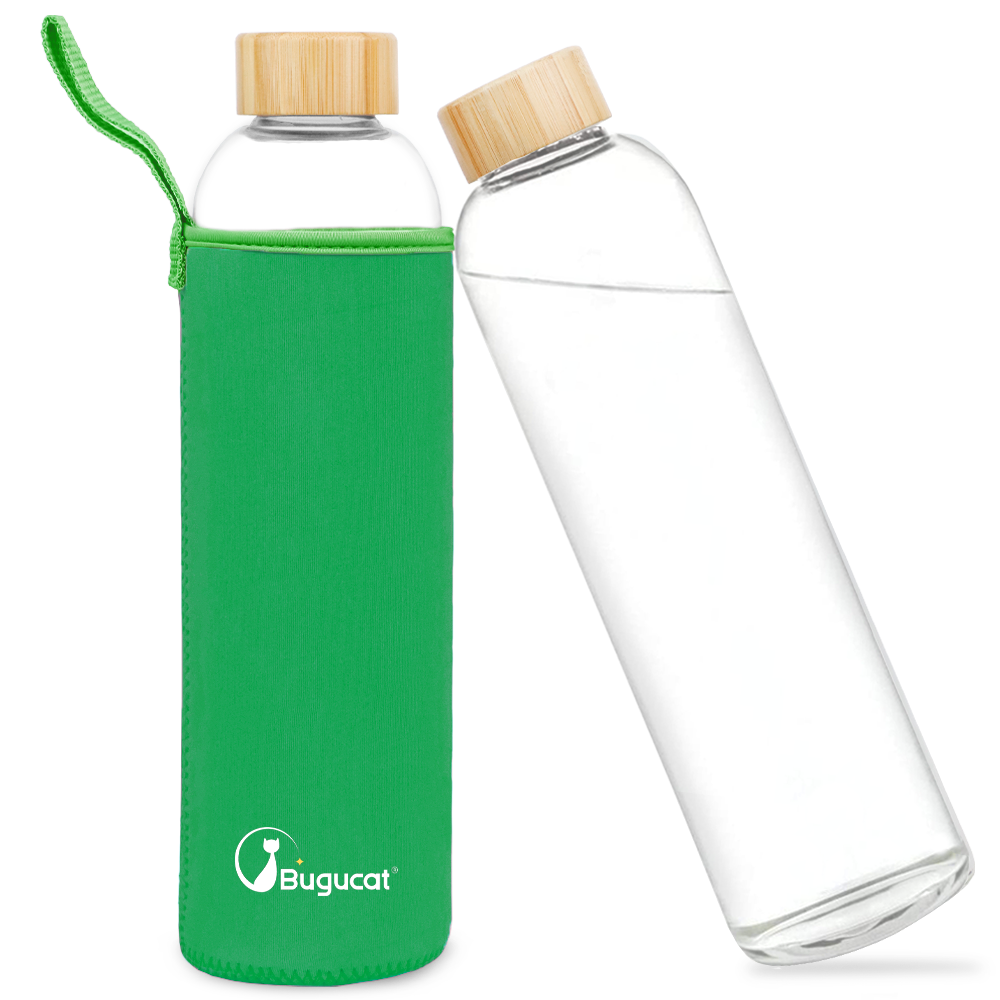 Bugucat Wasserflaschen aus Borosilikatglas, 1000 ml, wiederverwendbare Trinkflasche mit Bambusdeckel und Schutzhüllen, Saftgetränkebehälter, BPA-frei, auslaufsicher, für Schule, Sport, Yoga, Fitnessstudio, heiße kalte Getränke