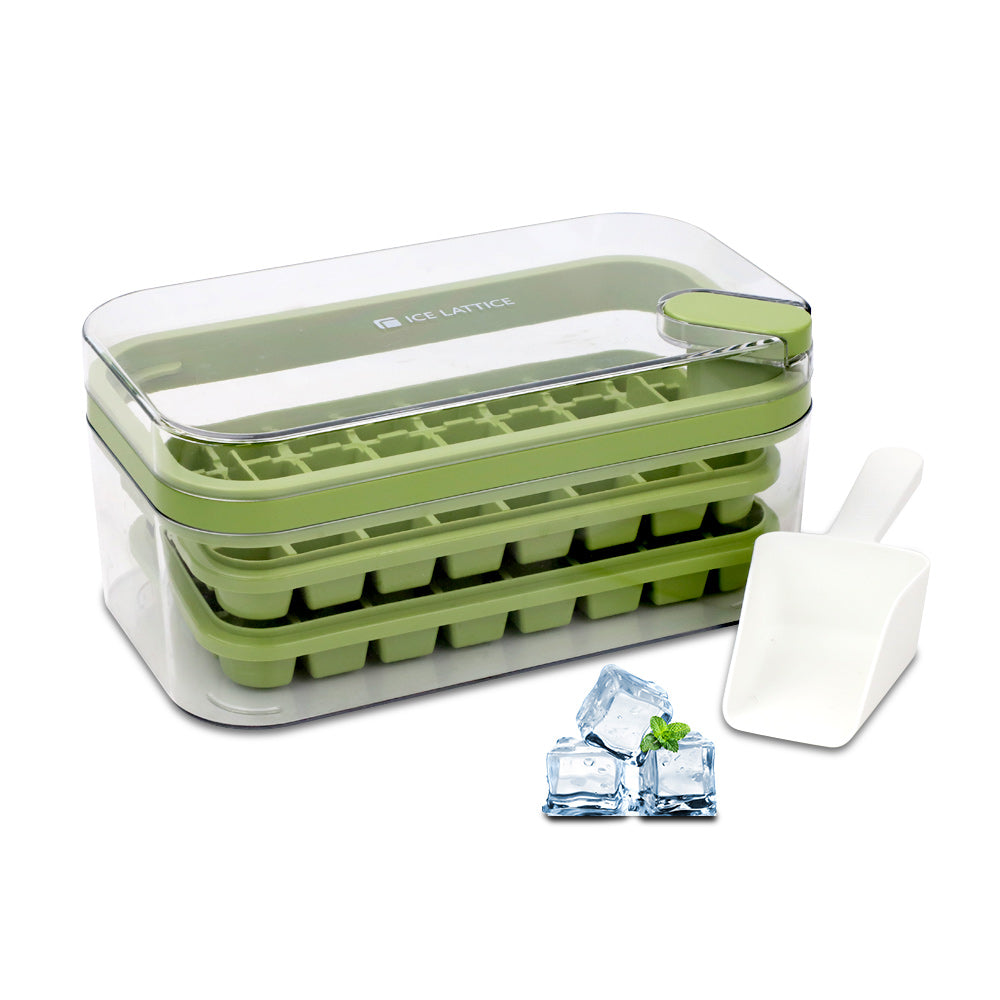 Bugucat Ice Cube Tray for Freezer, Ice Cube Moulds Ice Cube Maker Comes with Ice Container Scoop and Cover, Ice Cube Maker with 64 Ice Cubes Press the Button for One Second to Release All Ice Cubes