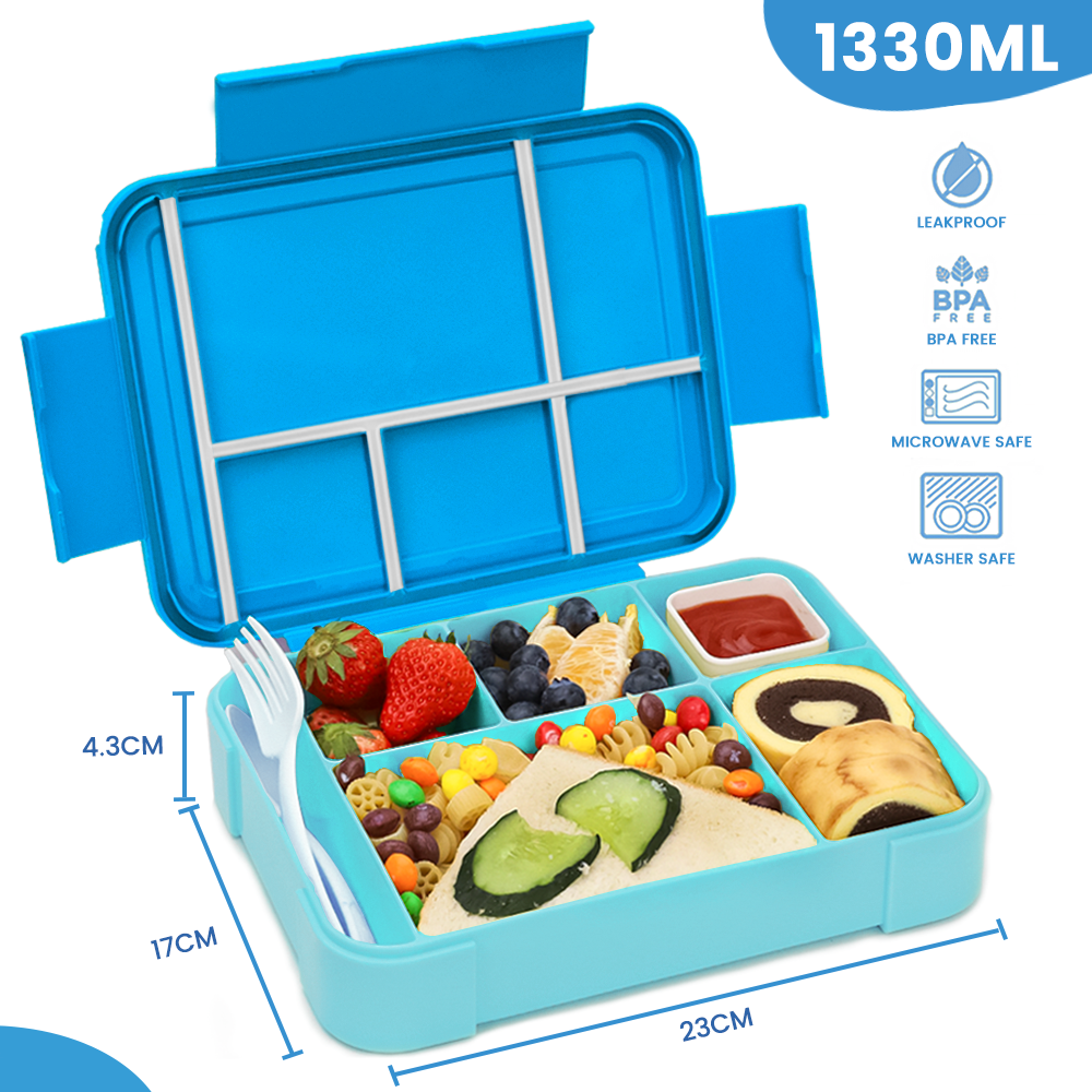 Lunch Box 1330ML,  Bento Box for Children with 5 Compartments Cutlery Set, Leak-Proof