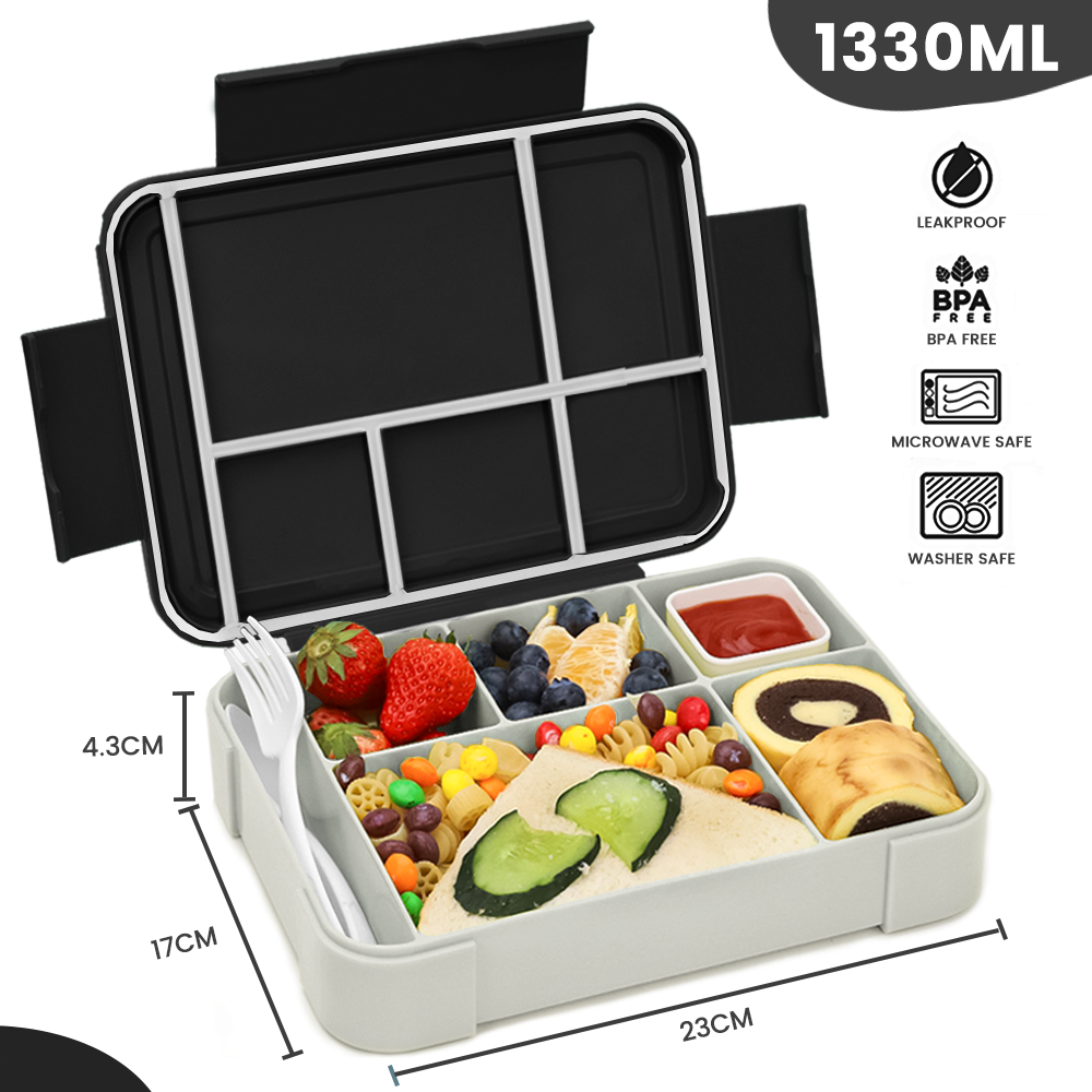 Bugucat Lunchbox 1330 ml, auslaufsichere Bento-Box mit 5 Fächern und Besteck, Lunchbehälter für Kinder und Erwachsene, Lebensmittelaufbewahrungsbehälter mit auslaufsicherem Silikonring, geeignet für Mikrowelle und Spülmaschine