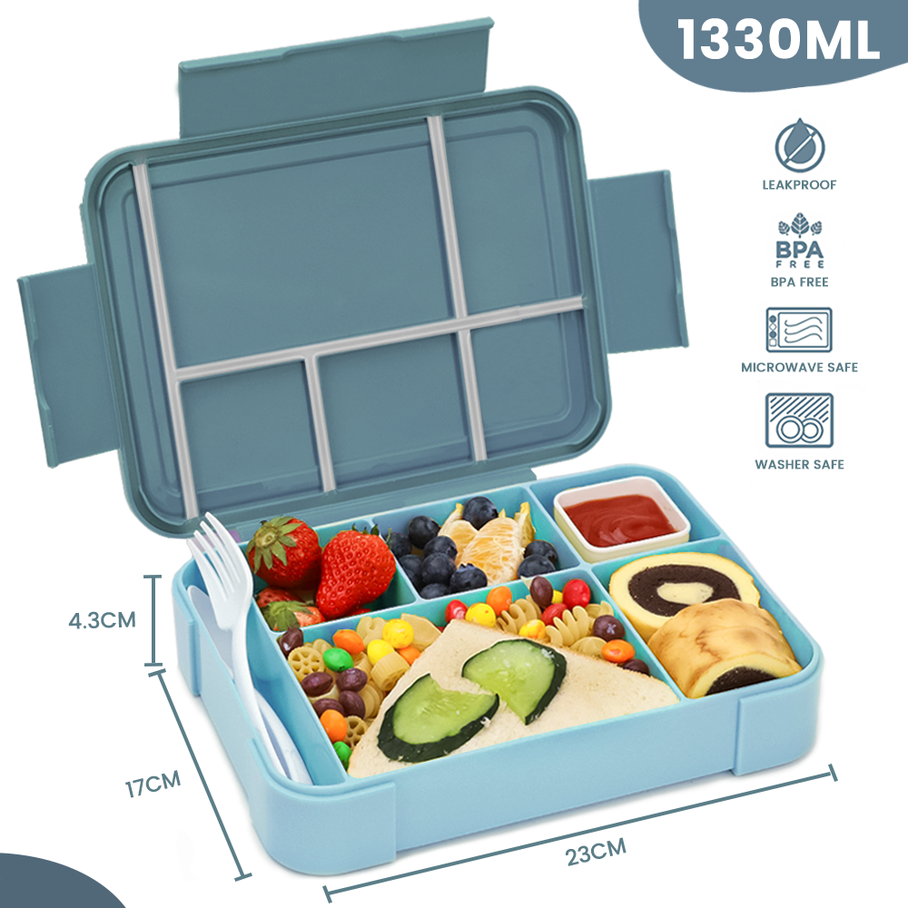 Bugucat Lunch Box 1330ML, Leak-Proof Bento Box with 5 Compartments and Cutlery, Lunch Containers for Kids Adult Food Storage Container with Leak-Proof Silicone Ring Suitable for Microwave Dishwasher