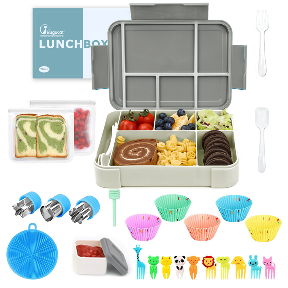 Bugucat Lunchbox 1330 ml, 26 Stück, auslaufsichere Bento-Box mit 6 Fächern und Besteck, Lunchbehälter für Kinder und Erwachsene, Lebensmittelaufbewahrungsbehälter mit auslaufsicherem Silikonring, geeignet für die Mikrowelle