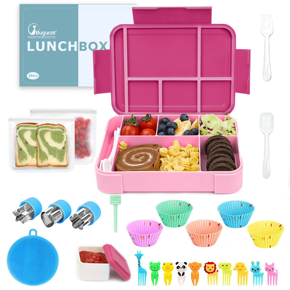 Bugucat Lunchbox 1330 ml, 26 Stück, auslaufsichere Bento-Box mit 6 Fächern und Besteck, Lunchbehälter für Kinder und Erwachsene, Lebensmittelaufbewahrungsbehälter mit auslaufsicherem Silikonring, geeignet für die Mikrowelle