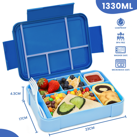 Bugucat Lunchbox 1330 ml, 26 Stück, auslaufsichere Bento-Box mit 6 Fächern und Besteck, Lunchbehälter für Kinder und Erwachsene, Lebensmittelaufbewahrungsbehälter mit auslaufsicherem Silikonring, geeignet für die Mikrowelle