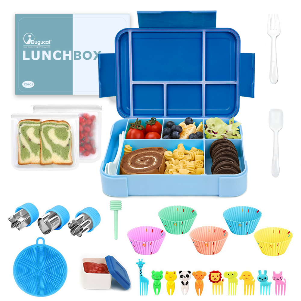 Bugucat Lunchbox 1330 ml, 26 Stück, auslaufsichere Bento-Box mit 6 Fächern und Besteck, Lunchbehälter für Kinder und Erwachsene, Lebensmittelaufbewahrungsbehälter mit auslaufsicherem Silikonring, geeignet für die Mikrowelle