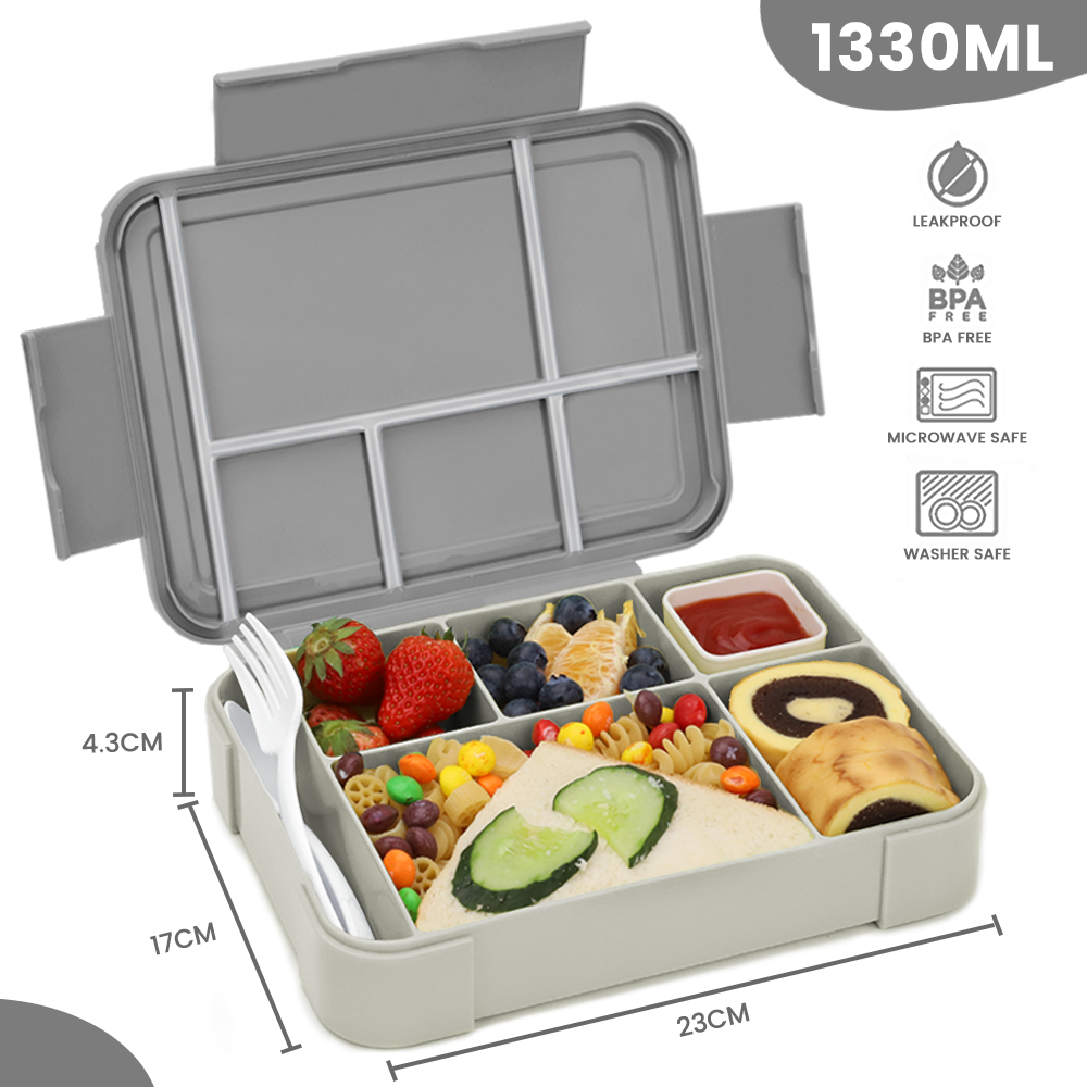 Bugucat Lunchbox 1330 ml, auslaufsichere Bento-Box mit 5 Fächern und Besteck, Lunchbehälter für Kinder und Erwachsene, Lebensmittelaufbewahrungsbehälter mit auslaufsicherem Silikonring, geeignet für Mikrowelle und Spülmaschine