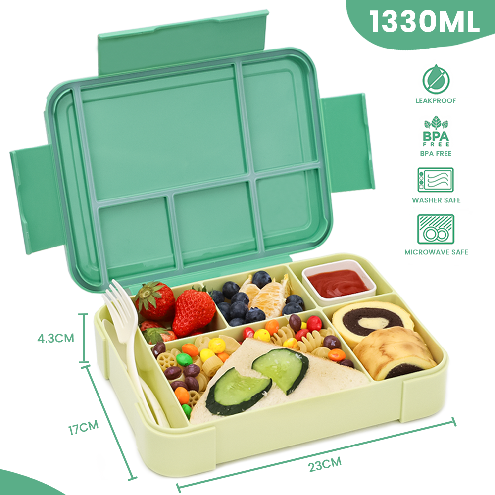 Bugucat Lunchbox 1330 ml, 26 Stück, auslaufsichere Bento-Box mit 6 Fächern und Besteck, Lunchbehälter für Kinder und Erwachsene, Lebensmittelaufbewahrungsbehälter mit auslaufsicherem Silikonring, geeignet für die Mikrowelle