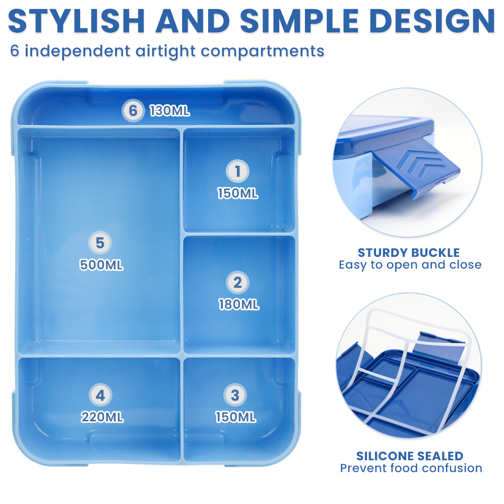Bugucat Lunch Box 1330ML 26 PCS, Leak-Proof Bento Box with 6 Compartments and Cutlery,Lunch Containers for Kids Adult Food Storage Container with Leak-Proof Silicone Ring Suitable for Microwave