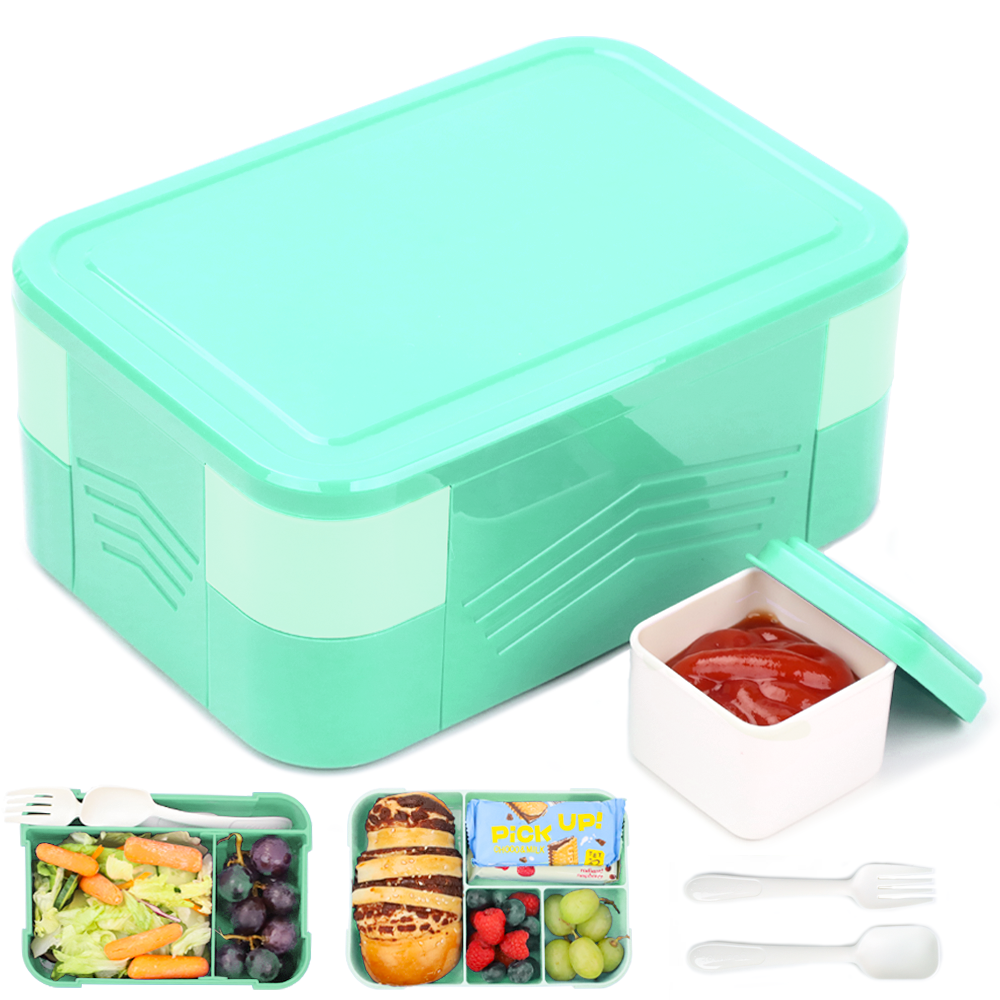Bugucat Lunchbox 1550 ml, doppelt stapelbarer Bento-Box-Behälter, Essenszubereitungsbehälter mit Besteck, Lebensmittelbehälter mit 2 Ebenen und 6 Fächern für Mittagssnacks, Lunchbox für Erwachsene und Kinder, BPA-frei