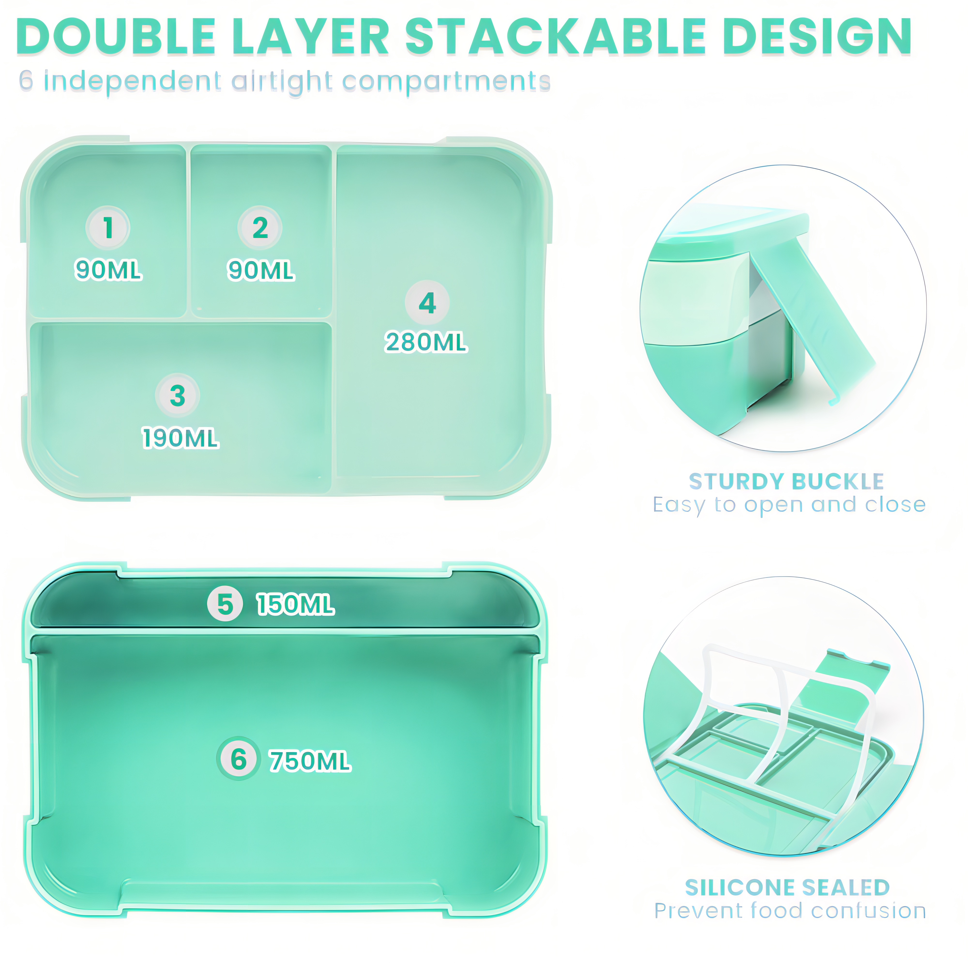 1400ml Lunch Box With 3 Compartments (green)- 2 Layer Bento Box