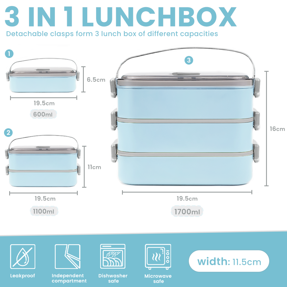 Bugucat Stainless Steel Lunch Box 1700ML,3 in 1 Leak-Proof Bento Box Lunch Containers with 3 Compartments Cutlery,Lunch Containers for Kids Adult,Microwave and Dishwasher Safe Food Storage Container