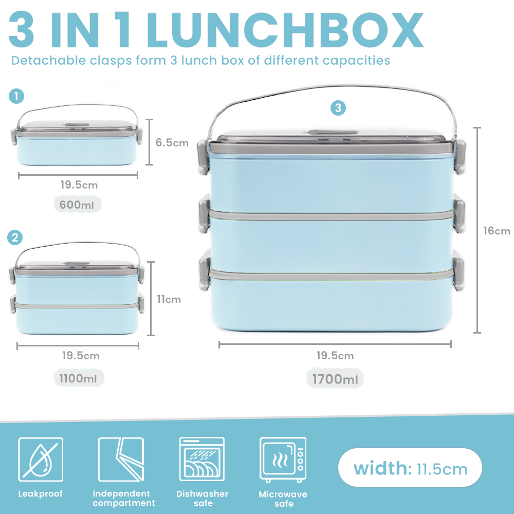 Bugucat Edelstahl-Lunchbox 1700 ml, 3-in-1 auslaufsichere Bento-Box-Lunchbehälter mit 3 Fächern für Besteck, Lunchbehälter für Kinder und Erwachsene, mikrowellen- und spülmaschinenfester Lebensmittelaufbewahrungsbehälter