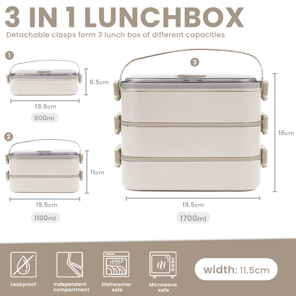 Bugucat Edelstahl-Lunchbox 1700 ml, 3-in-1 auslaufsichere Bento-Box-Lunchbehälter mit 3 Fächern für Besteck, Lunchbehälter für Kinder und Erwachsene, mikrowellen- und spülmaschinenfester Lebensmittelaufbewahrungsbehälter