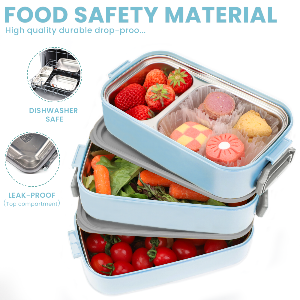 Bugucat Edelstahl-Lunchbox 1700 ml, 3-in-1 auslaufsichere Bento-Box-Lunchbehälter mit 3 Fächern für Besteck, Lunchbehälter für Kinder und Erwachsene, mikrowellen- und spülmaschinenfester Lebensmittelaufbewahrungsbehälter