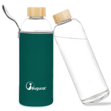 Bugucat Borosilikatglas-Wasserflasche 1000 ml, wiederverwendbare Glastrinkflasche mit Schutzhüllen und auslaufsicherem Deckel, tragbarer Saftgetränkebehälter, ideal für Schule, Zuhause, Büro, Fitnessstudio, BPA-frei