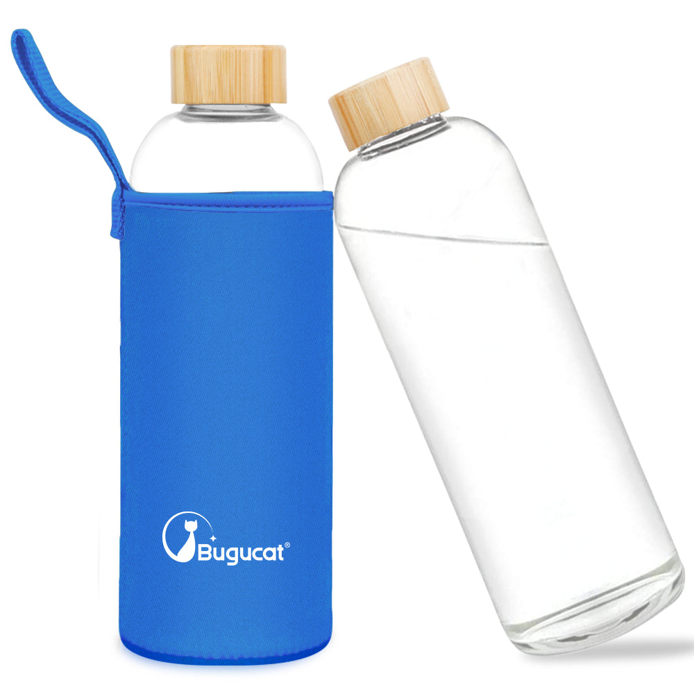 Bugucat Borosilikatglas-Wasserflasche 1000 ml, wiederverwendbare Glastrinkflasche mit Schutzhüllen und auslaufsicherem Deckel, tragbarer Saftgetränkebehälter, ideal für Schule, Zuhause, Büro, Fitnessstudio, BPA-frei