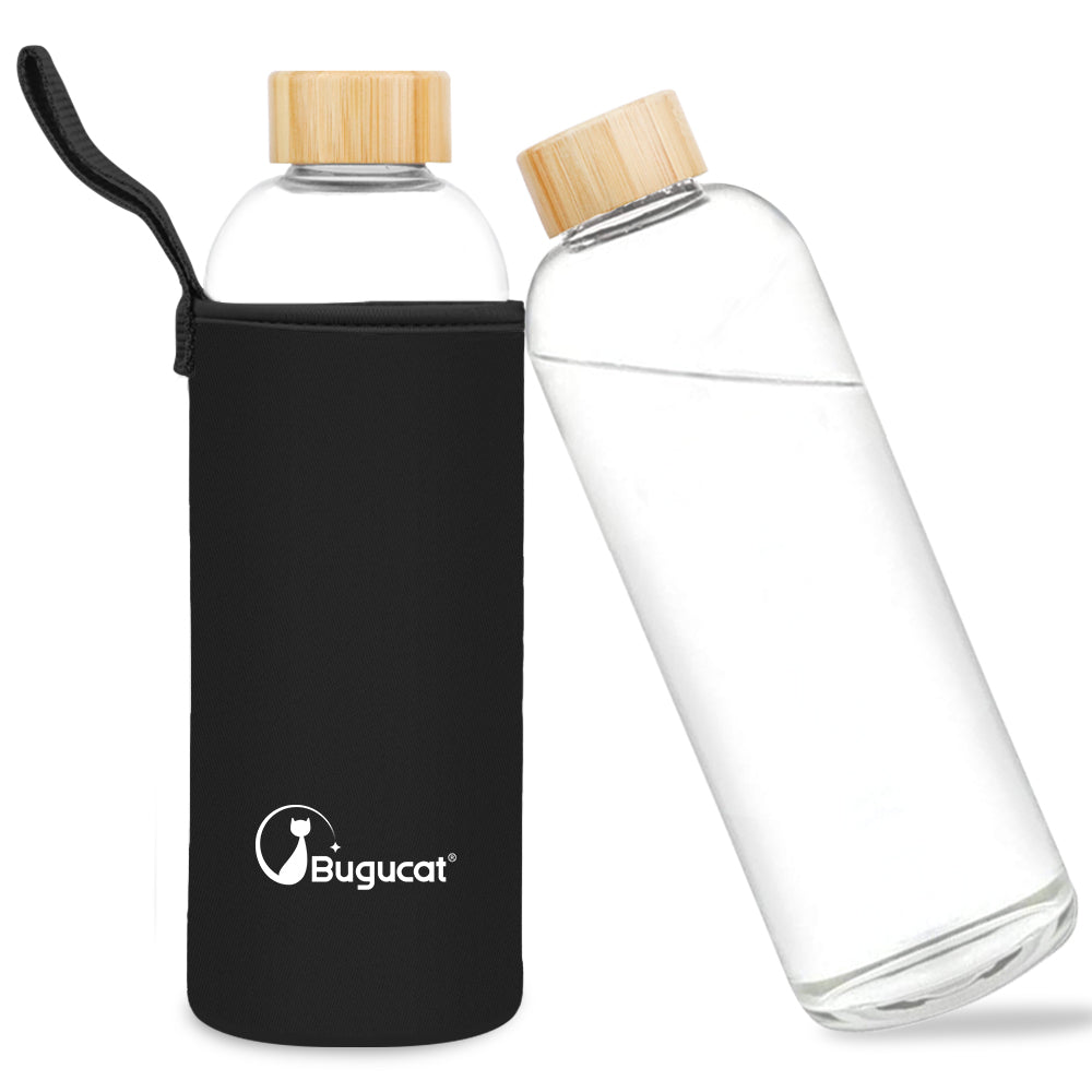 Bugucat Borosilikatglas-Wasserflasche 1000 ml, wiederverwendbare Glastrinkflasche mit Schutzhüllen und auslaufsicherem Deckel, tragbarer Saftgetränkebehälter, ideal für Schule, Zuhause, Büro, Fitnessstudio, BPA-frei