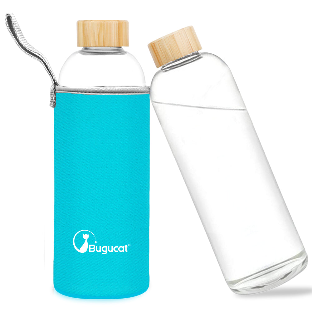 Bugucat Borosilikatglas-Wasserflasche 1000 ml, wiederverwendbare Glastrinkflasche mit Schutzhüllen und auslaufsicherem Deckel, tragbarer Saftgetränkebehälter, ideal für Schule, Zuhause, Büro, Fitnessstudio, BPA-frei