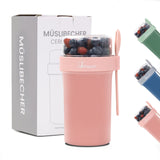 Bugucat Cereal Cup 760ml+230ml, Yogurt Cups Plastic Milk Jar With Lids and Spoon,Leak-Proof Breakfast Container Yoghurt Pot With Sauce Container,Yoghurt Container for Oatmeal Porridge Fruit Salad