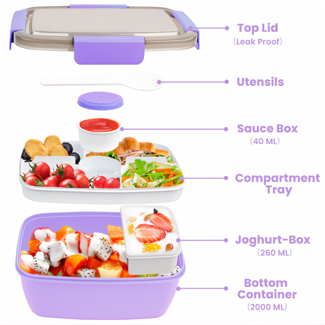 Bento Box 2000ML, Lunch Box Salad Lunch Container to Go with 4 Compartment Tray