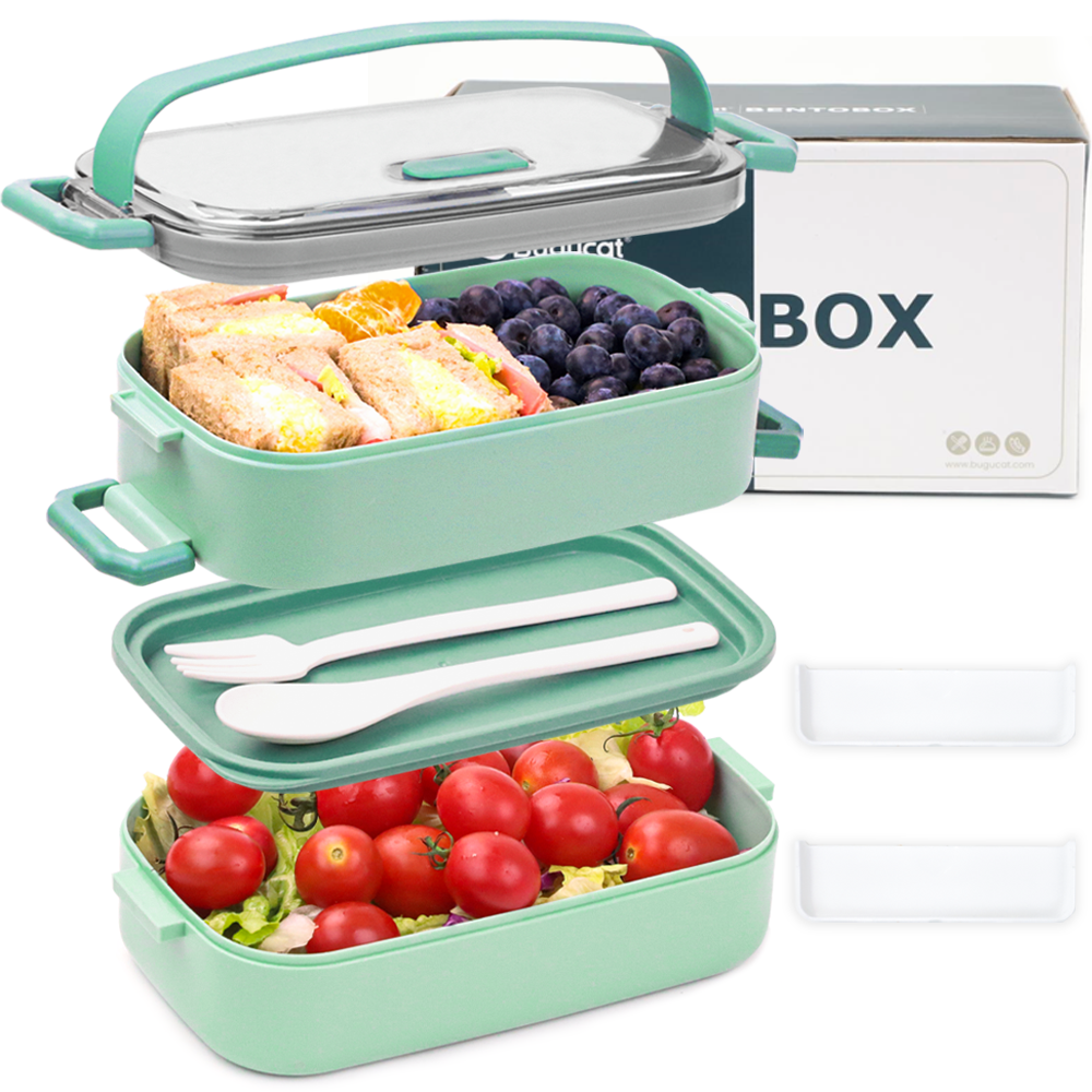 Bugucat Lunch Box 1600ML, 2 in 1 Bento Box Leak-Proof Lunch Containers with Compartments Cutlery, Lunch Containers for Adult Kids, Dishwasher and Microwave Safe Food Storage Container