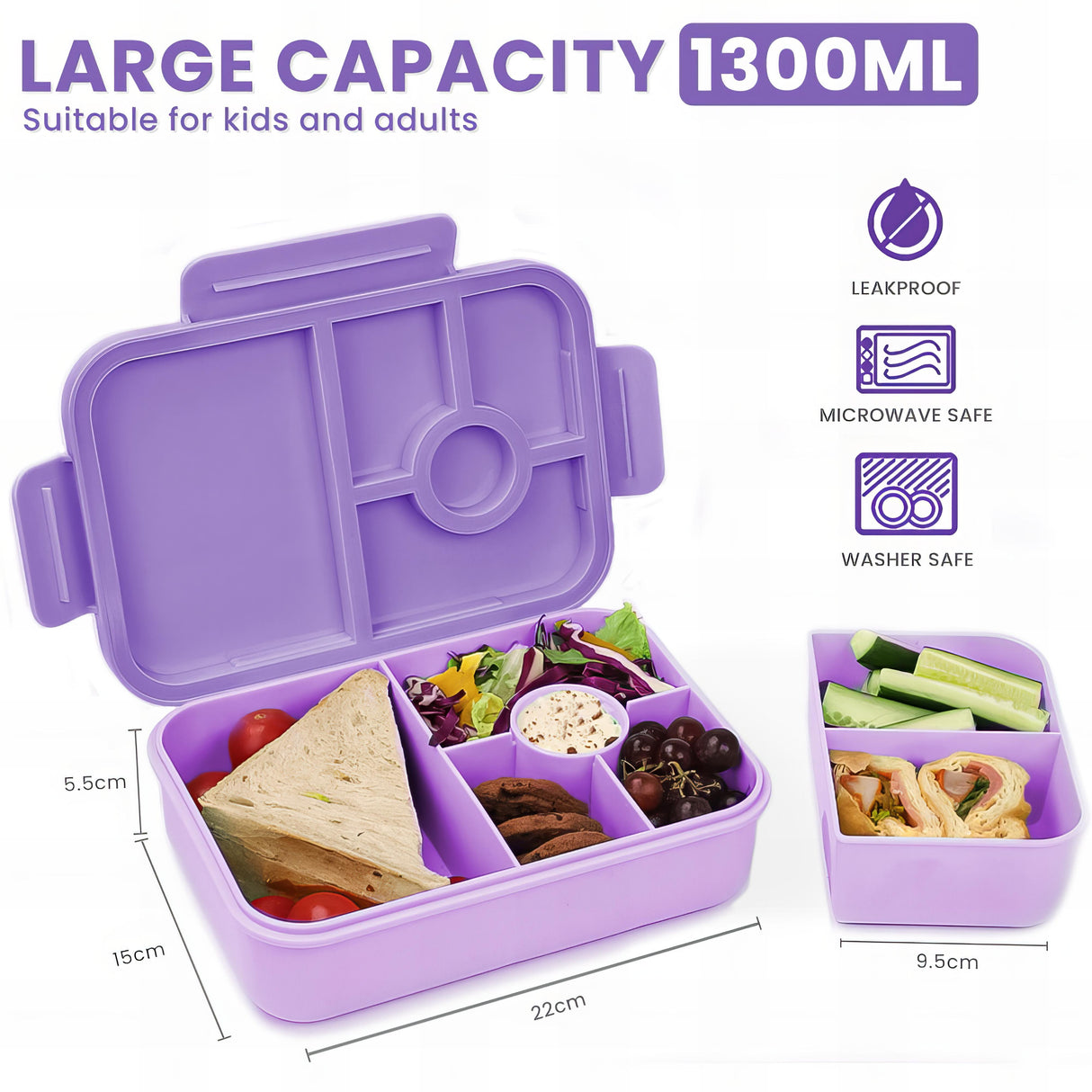 Lunch Box 1300ML,Kids Lunch Box Bento Boxes with 4 Compartments Cutlery,Leak-Proof