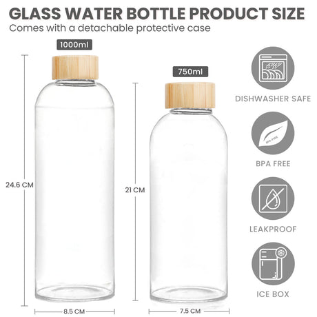 Borosilicate Glass Water Bottle 750ML, Reusable Water Bottle Glass with Protective Sleeves