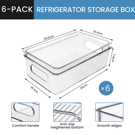 Bugucat Fridge Organisers 6 Packs, Fridge Storage Organiser Kitchen Clear Storage Organiser Stackable, Refrigerator Organiser Bins Storage Container Box for Freezer, Kitchen, Cabinets, Pantry