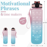 Bugucat Water Bottle 1000ML, Drinks Bottle with Straw and Time Markings, Leak Proof Sport Jug Reusable, BPA Free Tritan Water Storage Container for Gym Outdoor Cycling Fitness Outdoor, 1 Click Open