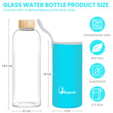Glass Water Bottle 1000ML, Glass Drinking Bottle with Protective Sleeves Leak-Proof Lid