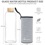 Bugucat Borosilikatglas-Wasserflasche 1000 ml, wiederverwendbare Glastrinkflasche mit Schutzhüllen und auslaufsicherem Deckel, tragbarer Saftgetränkebehälter, ideal für Schule, Zuhause, Büro, Fitnessstudio, BPA-frei