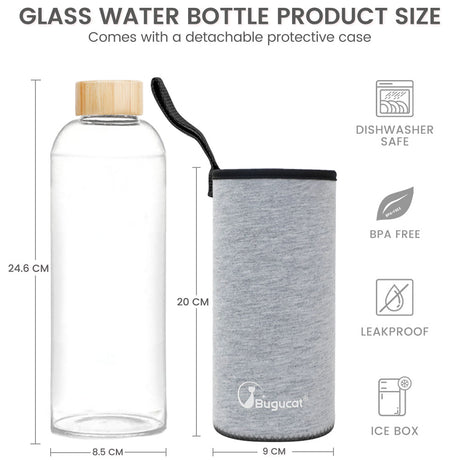 Glass Water Bottle 1000ML, Glass Drinking Bottle with Protective Sleeves Leak-Proof Lid