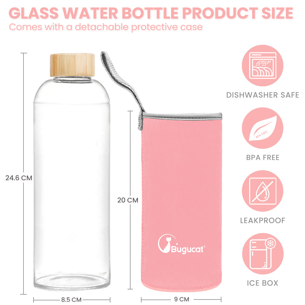 Bugucat Borosilikatglas-Wasserflasche 1000 ml, wiederverwendbare Glastrinkflasche mit Schutzhüllen und auslaufsicherem Deckel, tragbarer Saftgetränkebehälter, ideal für Schule, Zuhause, Büro, Fitnessstudio, BPA-frei