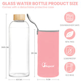 Bugucat Borosilikatglas-Wasserflasche 1000 ml, wiederverwendbare Glastrinkflasche mit Schutzhüllen und auslaufsicherem Deckel, tragbarer Saftgetränkebehälter, ideal für Schule, Zuhause, Büro, Fitnessstudio, BPA-frei