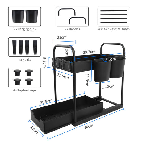 Bugucat Under Sink Organizers and Storage, Sliding Cabinet Organizer with 4 Hooks and 2 Cups, 2-Tier Multi-purpose Storage Shelf, Under-Sink Drawer, Under Sink Organizer for Kitchen, Bathroom, Black