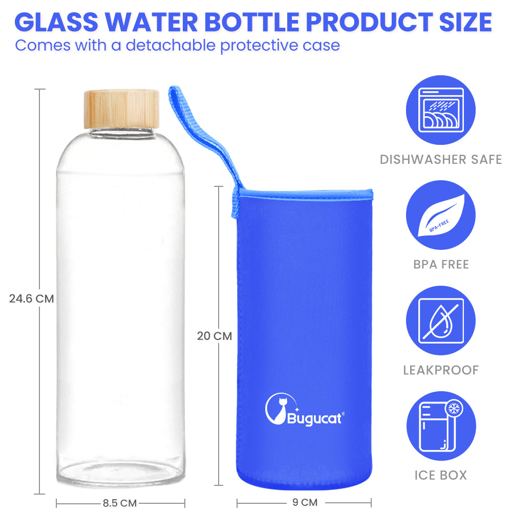 Bugucat Borosilikatglas-Wasserflasche 1000 ml, wiederverwendbare Glastrinkflasche mit Schutzhüllen und auslaufsicherem Deckel, tragbarer Saftgetränkebehälter, ideal für Schule, Zuhause, Büro, Fitnessstudio, BPA-frei