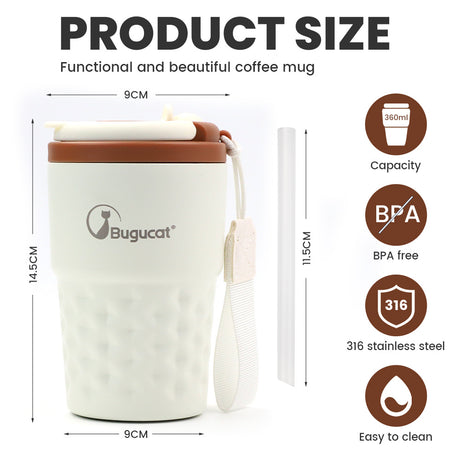 Coffee Cup 360 ML,Stainless Steel Travel Mug Double-Layer Vacuum Insulation with Straw