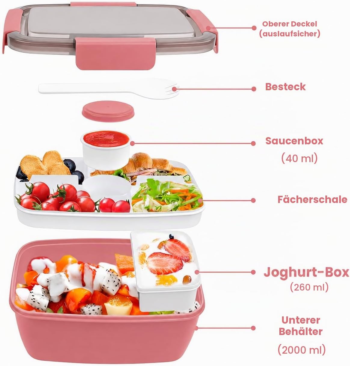 Bento Box 2000ML, Fiambrera Ensalada Contenedor de Almuerzo para Llevar con Bandeja de 4 Compartimentos