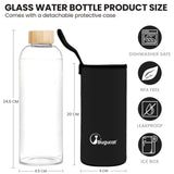 Bugucat Borosilikatglas-Wasserflasche 1000 ml, wiederverwendbare Glastrinkflasche mit Schutzhüllen und auslaufsicherem Deckel, tragbarer Saftgetränkebehälter, ideal für Schule, Zuhause, Büro, Fitnessstudio, BPA-frei