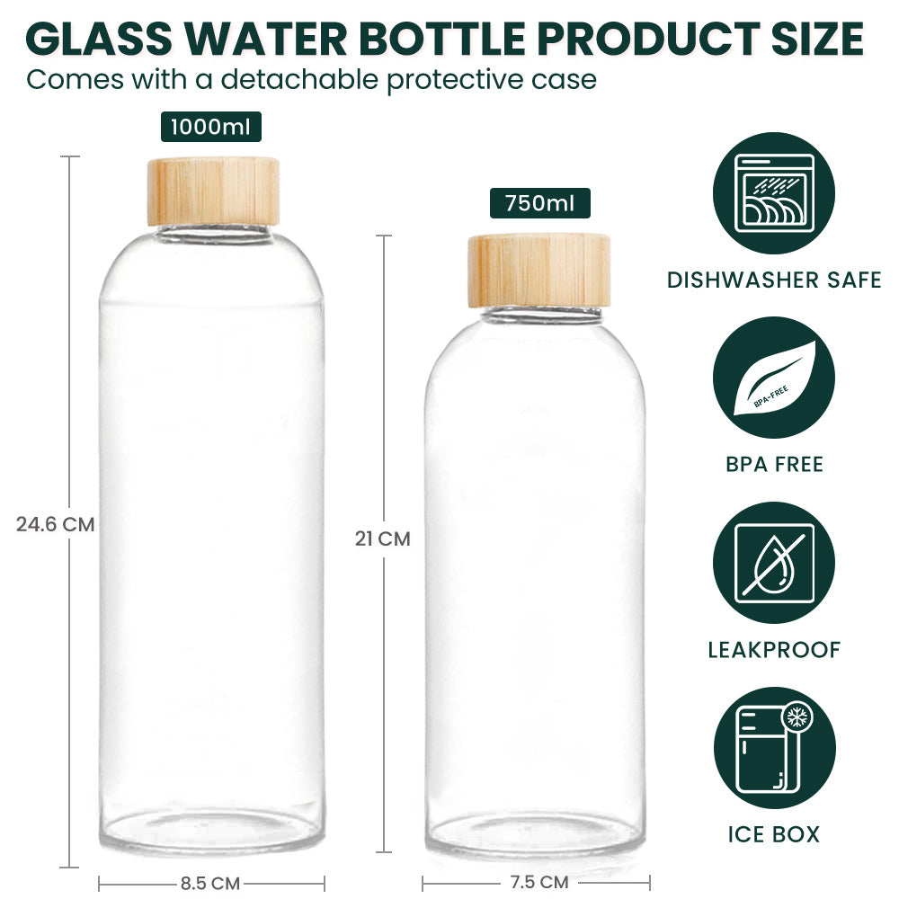 Borosilicate Glass Water Bottle 750ML, Reusable Water Bottle Glass with Protective Sleeves