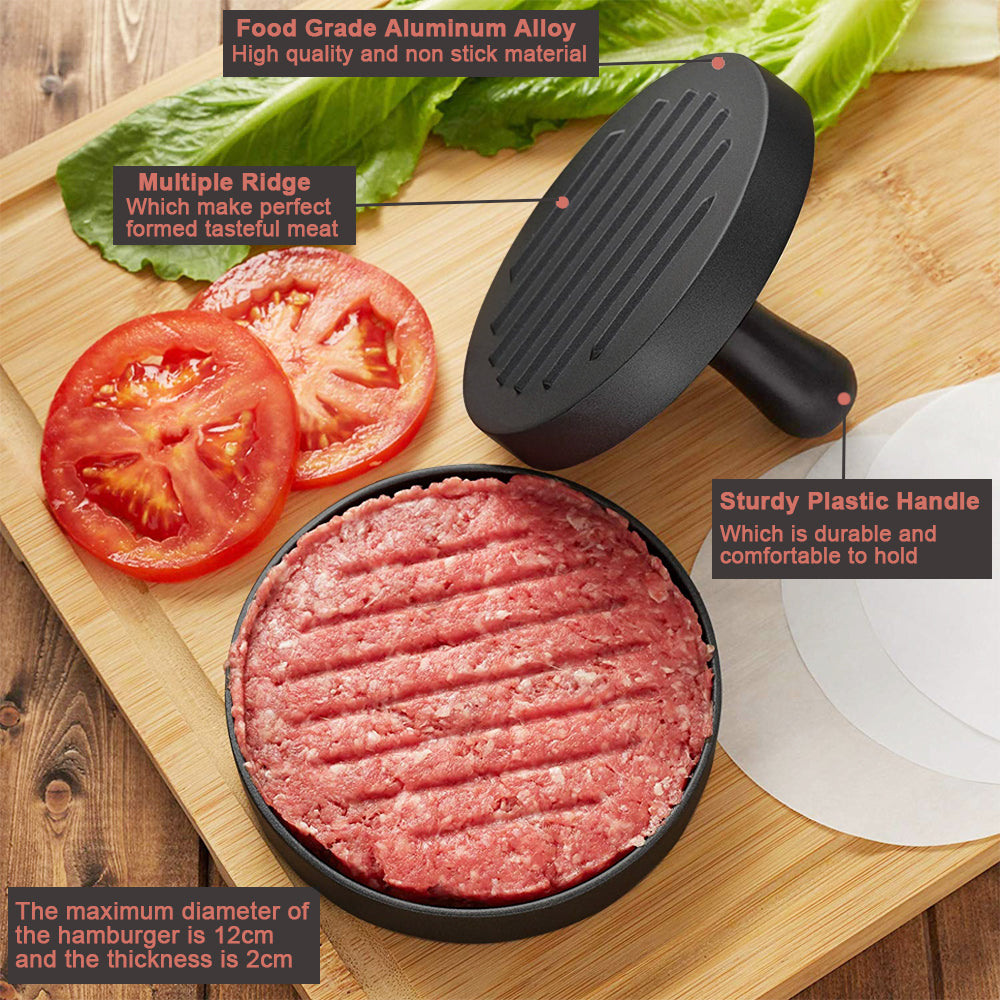 Buguacat Burger Press 50 Patty Papers Set - Antiadhésif Hamburger Press Patty Maker Moule avec des feuilles de papier de cire Patty Viande Boeuf Porc Agneau Fromage Halal Noix Veg Veggie Burger Maker pour Barbecue Barbecue Grill