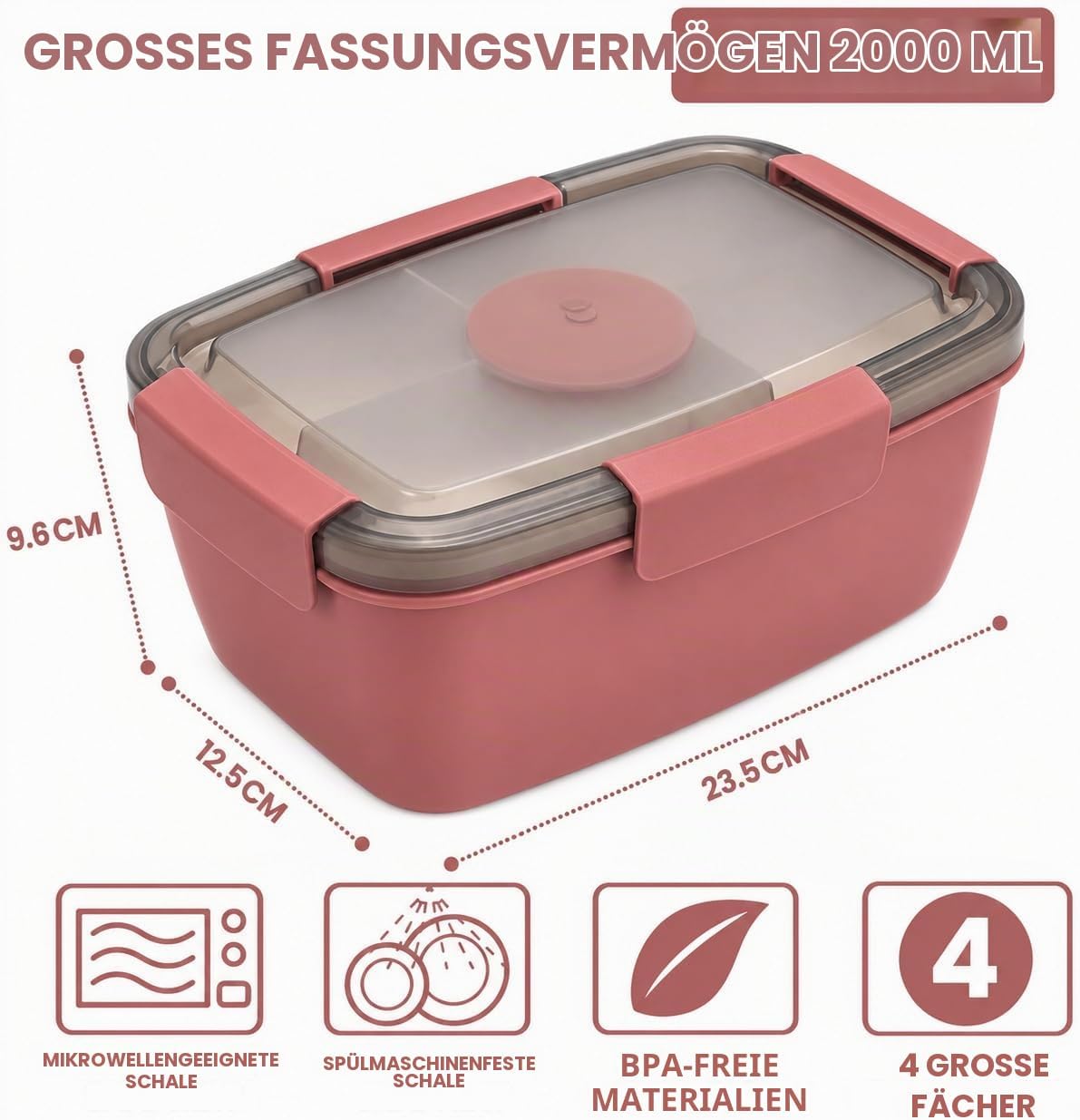 Bento Box 2000ML, Fiambrera Ensalada Contenedor de Almuerzo para Llevar con Bandeja de 4 Compartimentos