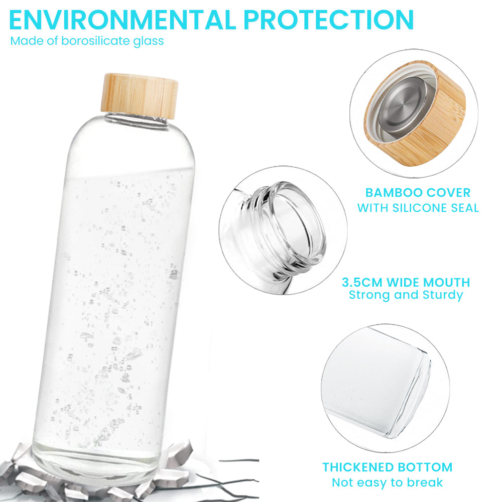 Glass Water Bottle 1000ML, Glass Drinking Bottle with Protective Sleeves Leak-Proof Lid