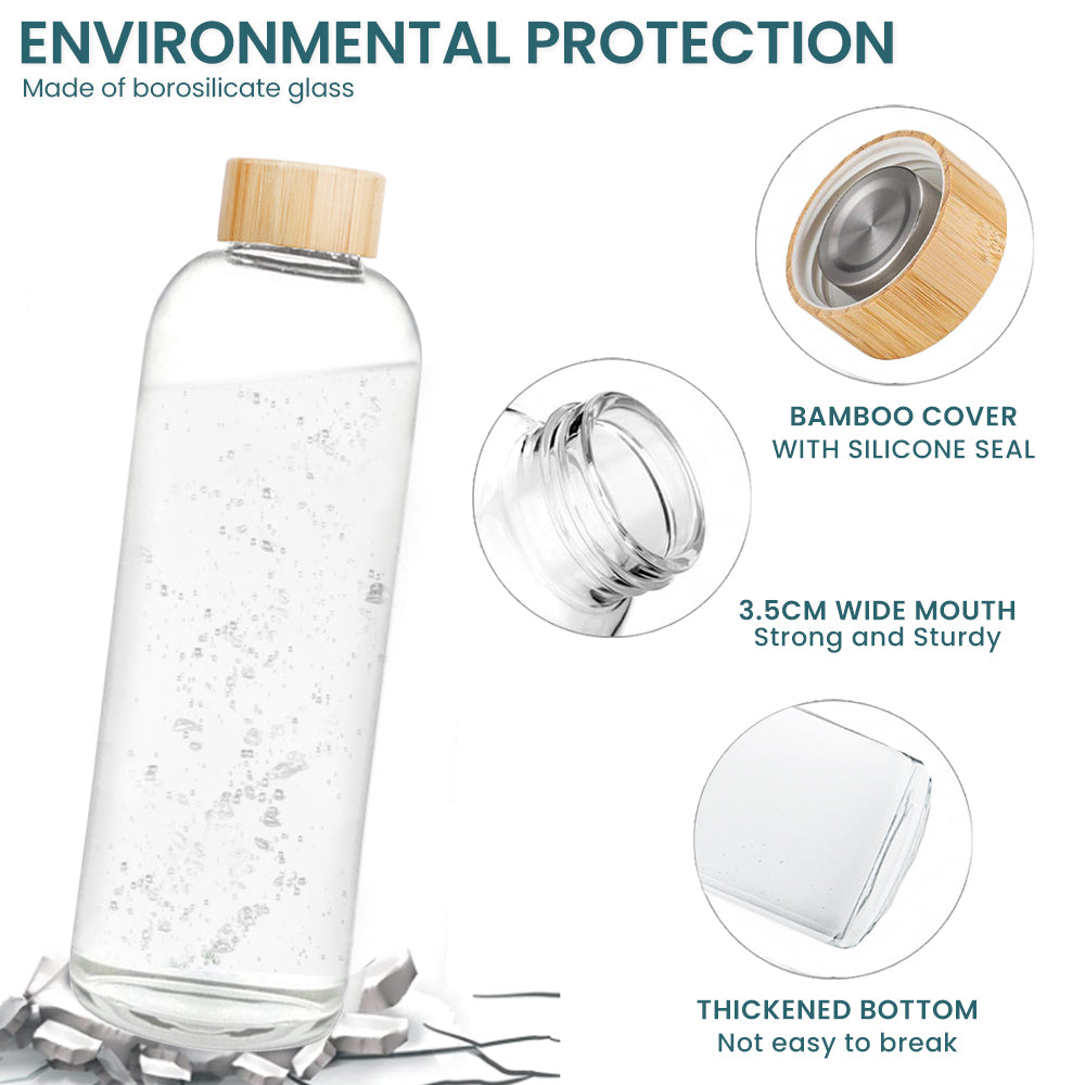 Glass Water Bottle 1000ML, Glass Drinking Bottle with Protective Sleeves Leak-Proof Lid