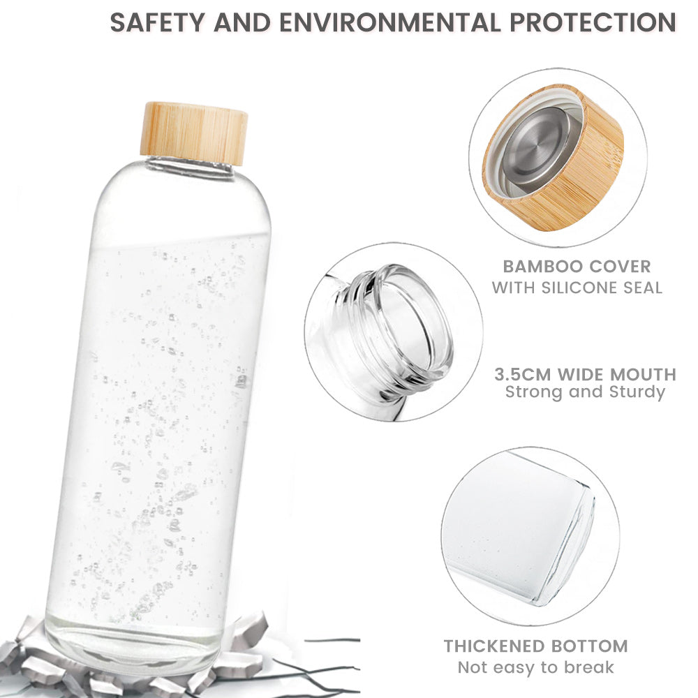 Bugucat Borosilicate Glass Water Bottle1000ML, Reusable Glass Drinking Bottle with Protective Sleeves and Leak-Proof Lid, Portable Juice Beverage Container Ideal for School Home Office Gym,BPA Free
